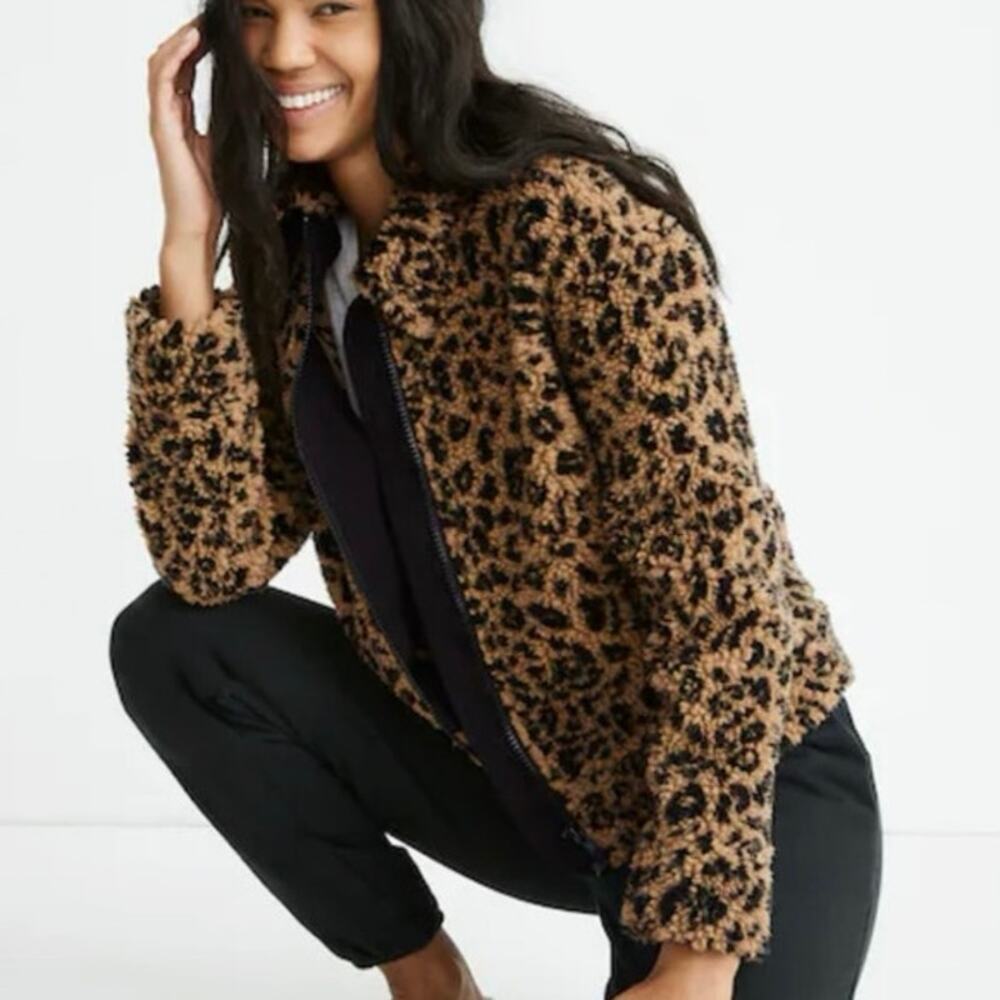 Madewell Leopard Sherpa Bomber Jacket Size XS - Picture 2 of 9